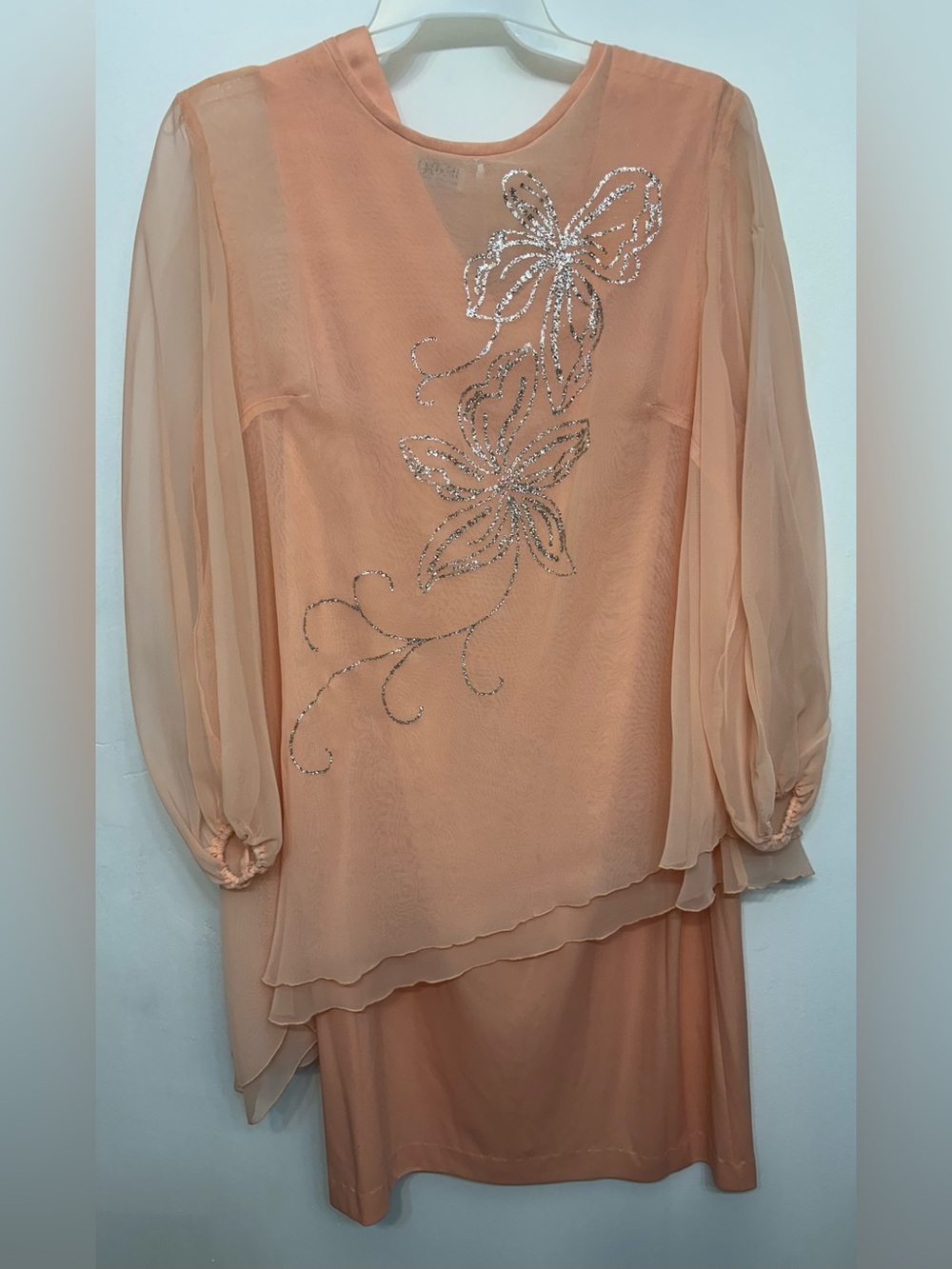 Vintage Gilberti Peach &Silver Flowers 2 Piece Chiffon Formal Dress Size 20